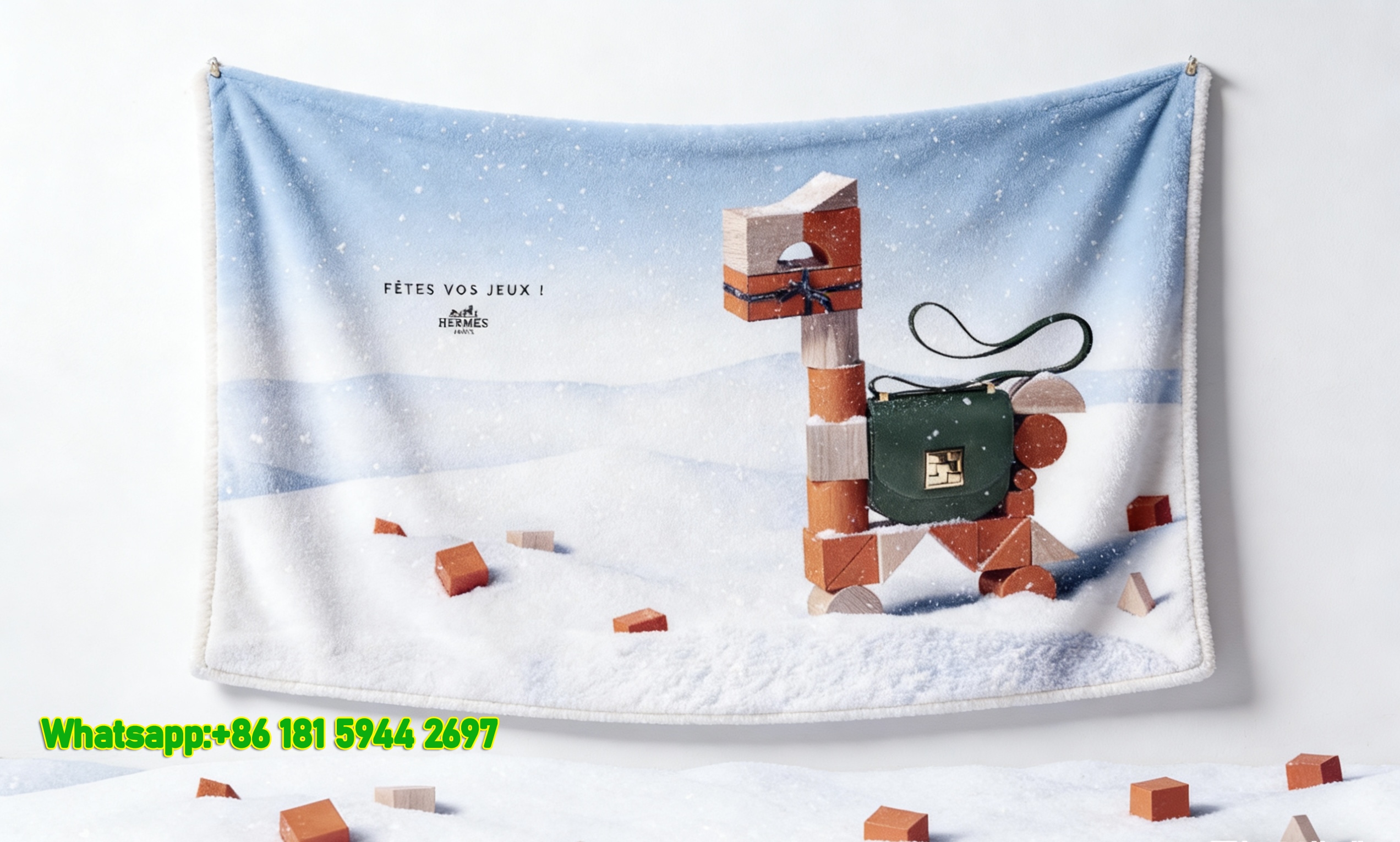 Hermès Winter Wooden Block Camel Flannel Throw Blanket IMG_5403